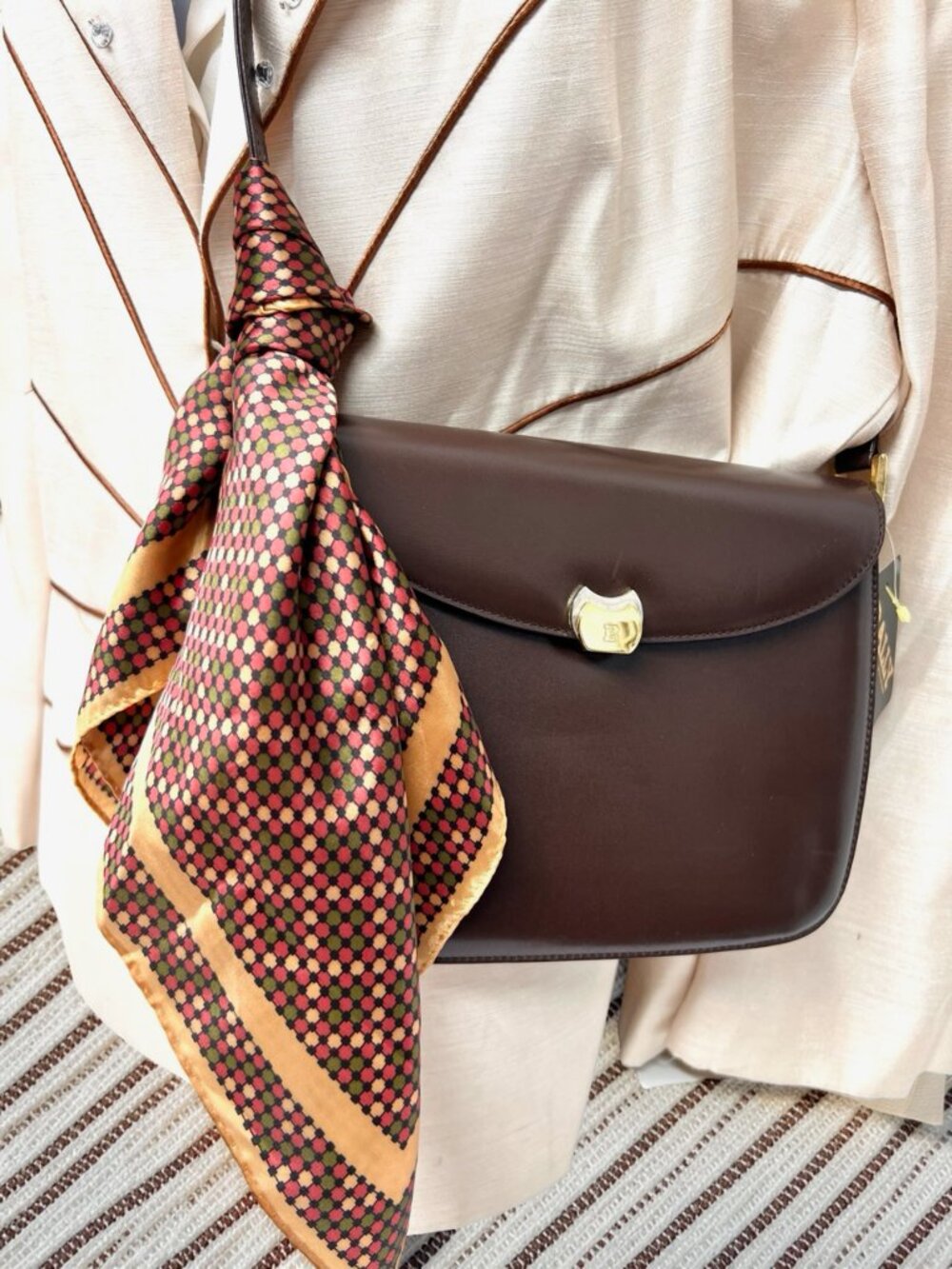 NEW Classic Evening Bally Shoulder Bag Brown Leather +100% Silk Scarf(9 - Picture 5 of 16